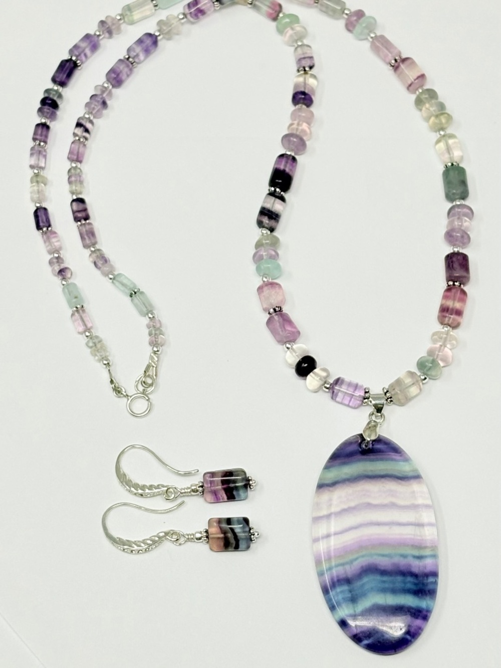Rainbow Fluorite & Sterling Silver Necklace & Earrings Set